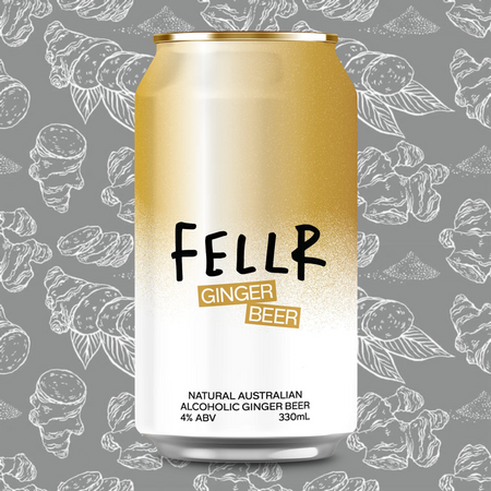 Feller Ginger Beer on a outlined ginger background.